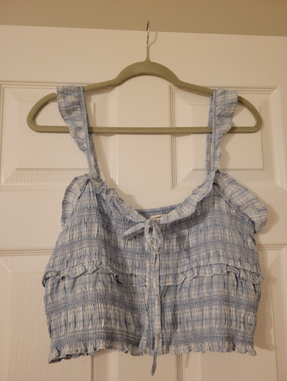 American Eagle Size Large Light Blue Smocked Top with Ruffle Trim